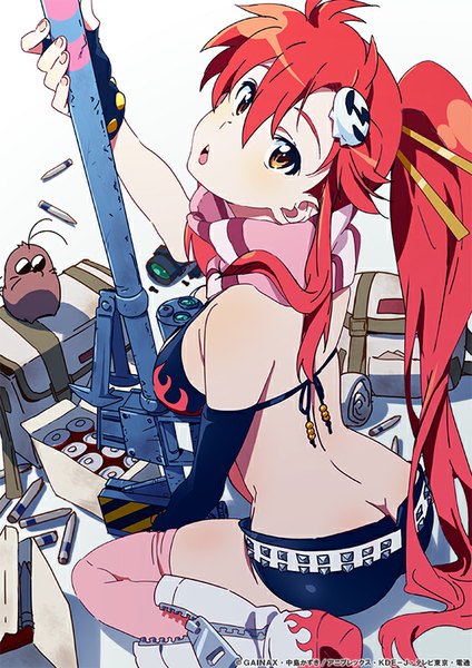 Anime picture 566x800 with tengen toppa gurren lagann gainax yoko littner boota nishigori atsushi single long hair tall image looking at viewer open mouth light erotic sitting ass ponytail red hair from above wariza girl thighhighs gloves