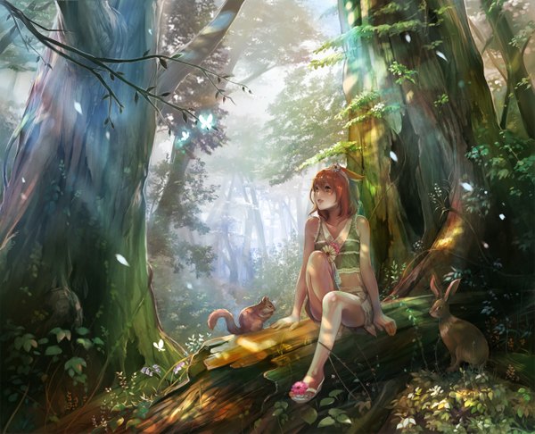 Anime picture 1333x1080 with original hage2013 single short hair brown eyes animal ears orange hair realistic looking up cropped girl flower (flowers) plant (plants) animal tree (trees) forest bunny squirrel