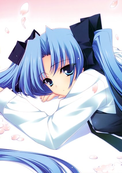 Anime picture 2121x3000 with r.g.b! shiki ai suzuhira hiro long hair tall image highres blue eyes twintails blue hair scan girl ribbon (ribbons) hair ribbon petals