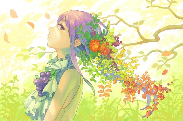Anime picture 1000x662 with original hiko (scape) single long hair looking at viewer red eyes bare shoulders purple hair profile girl flower (flowers) plant (plants) petals food leaf (leaves) fruit branch berry (berries) grapes