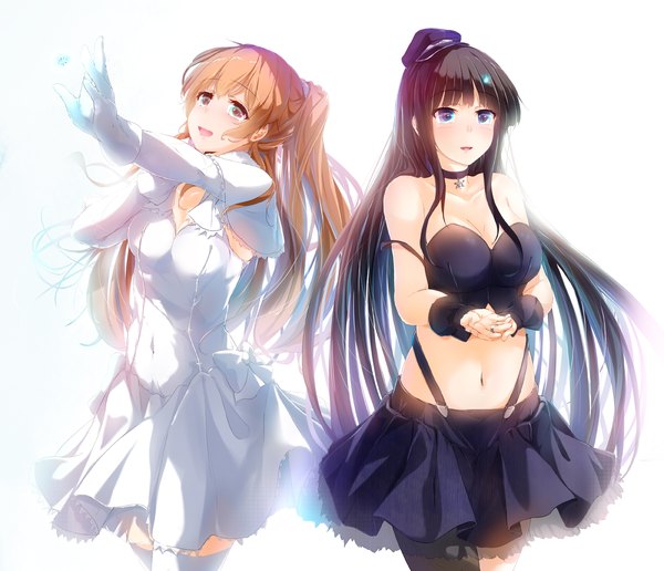 Anime picture 1200x1032 with white album 2 touma kazusa ogiso setsuna wingheart long hair looking at viewer open mouth blue eyes black hair brown hair white background bare shoulders multiple girls midriff girl thighhighs dress gloves navel 2 girls