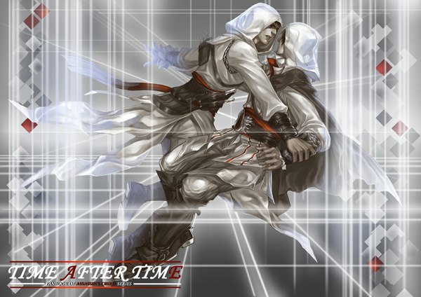 Anime picture 1000x707 with assassin's creed (game) assassin's creed ii ezio auditore da firenze altair ibn la-ahad nobody (artist) short hair open mouth brown hair inscription multiple boys teeth scar face to face jumping boy weapon belt hood thigh boots cape