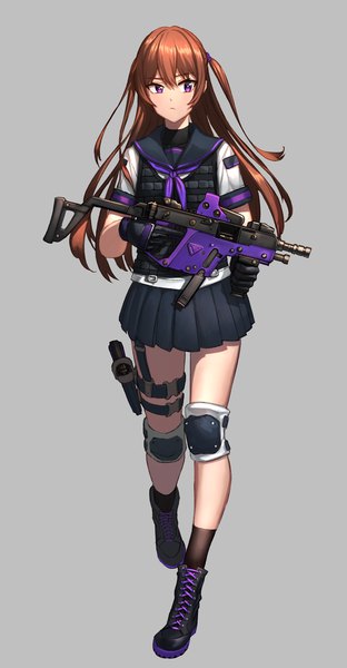 Anime picture 1200x2307 with original ahdorkvell single tall image fringe simple background purple eyes holding looking away pleated skirt orange hair grey background side ponytail walking girl skirt gloves uniform weapon miniskirt