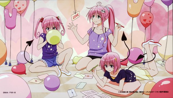 Anime picture 3459x1977 with toloveru xebec momo velia deviluke lala satalin deviluke nana asta deviluke yabuki kentarou long hair highres short hair wide image sitting purple eyes twintails multiple girls brown eyes pink hair ponytail tail lying scan