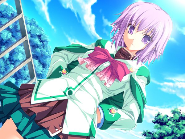 Anime picture 1600x1200 with magus tale whirlpool (studio) ema gradius tenmaso single looking at viewer short hair purple eyes game cg sky purple hair cloud (clouds) light smile summer hands on hips girl uniform plant (plants) school uniform tree (trees)