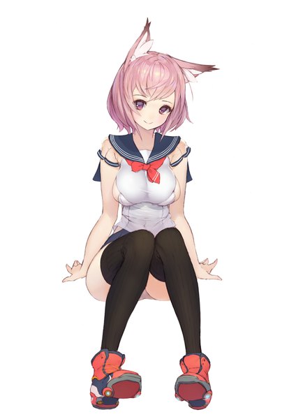 Anime picture 1240x1754 with original sonech single tall image looking at viewer blush short hair breasts light erotic simple background smile large breasts white background sitting animal ears pink hair full body bent knee (knees) pleated skirt pink eyes