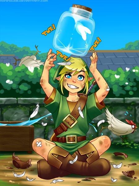 Anime picture 3000x4000 with the legend of zelda link ronin dude (ray cornwell) single tall image highres short hair blue eyes blonde hair smile pointy ears boy weapon earrings animal sword boots belt bird (birds) feather (feathers)