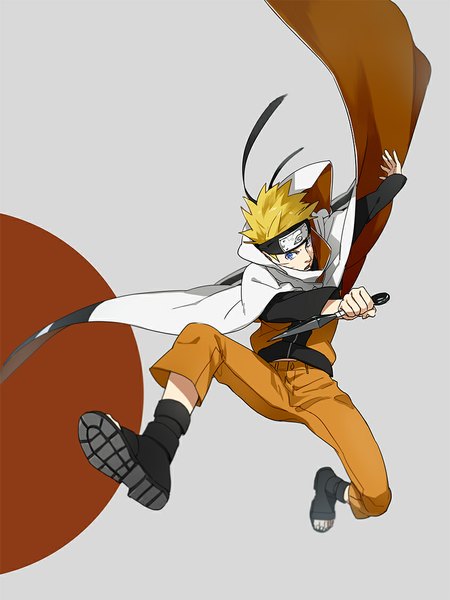 Anime picture 850x1132 with naruto studio pierrot naruto (series) uzumaki naruto kaiyou single tall image short hair open mouth blue eyes blonde hair facial mark jumping whisker markings jinchuriki boy weapon boots cloak bandana