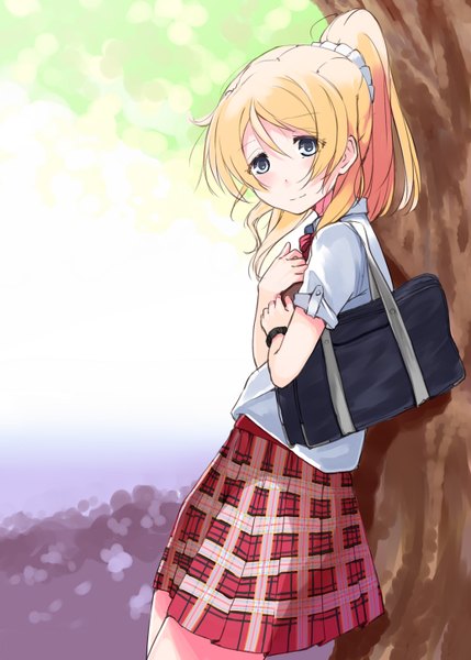Anime picture 1036x1450 with love live! school idol project sunrise (studio) love live! ayase eli asterism single long hair tall image looking at viewer blue eyes blonde hair ponytail light smile plaid skirt girl skirt uniform plant (plants) school uniform shirt