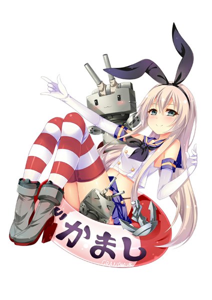 Anime picture 566x800 with kantai collection shimakaze destroyer rensouhou-chan grandia bing long hair tall image blush blue eyes light erotic simple background blonde hair smile white background pleated skirt :3 > < girl thighhighs skirt gloves