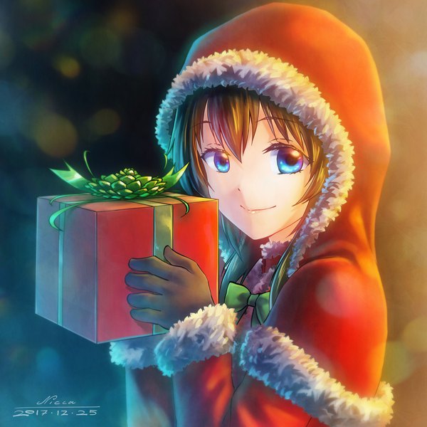 Anime picture 2048x2048 with original nicca (kid nicca) single long hair looking at viewer fringe highres blue eyes hair between eyes brown hair holding signed upper body blurry fur trim dated christmas girl gloves black gloves
