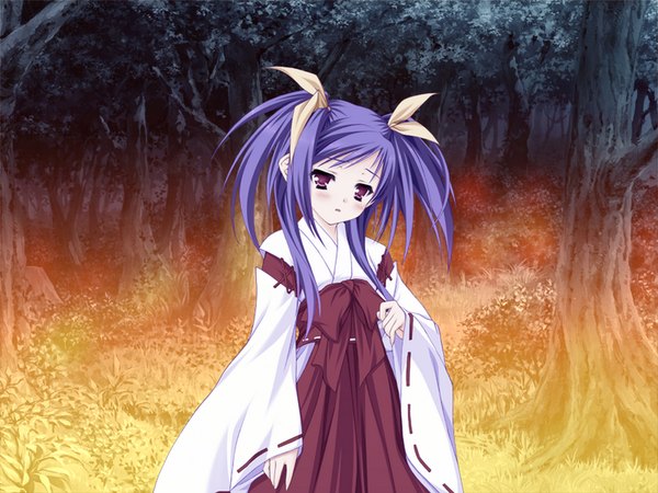 Anime picture 1600x1200 with tayutama lump of sugar kawai ameri single long hair purple eyes twintails blue hair long sleeves miko girl plant (plants) tree (trees) fire