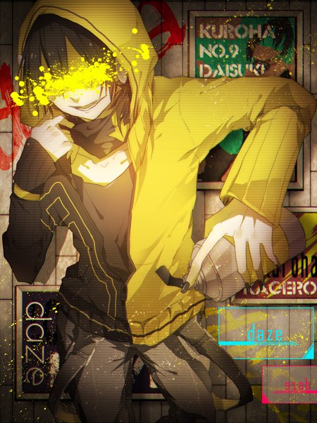 Anime picture 900x1200 with kagerou project shaft (studio) konoha (kagerou project) kuroha mizutama (mao11260510) single tall image fringe short hair open mouth black hair nail polish fingernails open clothes open jacket glow boy jacket headphones hood