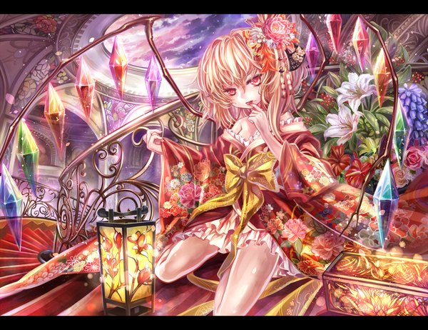 Anime picture 1000x771 with touhou flandre scarlet torino aqua single long hair blonde hair red eyes bare shoulders sky cloud (clouds) traditional clothes japanese clothes hair flower finger to mouth letterboxed girl hair ornament flower (flowers) wings frills