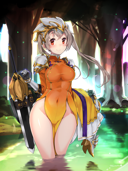 Anime picture 1440x1920 with flower knight girl kinrenka (flower knight girl) kuro chairo no neko single long hair tall image looking at viewer blush fringe breasts light erotic smile hair between eyes red eyes large breasts standing twintails holding signed payot