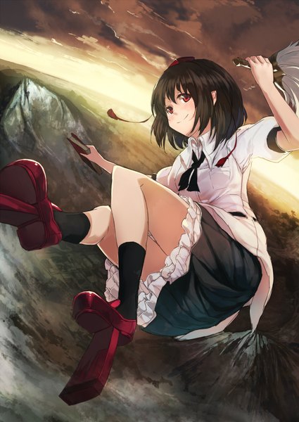 Anime picture 1253x1770 with touhou shameimaru aya single tall image looking at viewer blush short hair smile brown hair purple eyes sky cloud (clouds) pointy ears high heels groin evening sunset horizon mountain flying