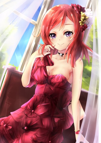 Anime picture 1700x2400 with love live! school idol project sunrise (studio) love live! nishikino maki racket ti1 single tall image looking at viewer short hair breasts light erotic smile purple eyes bare shoulders sky red hair hair flower adjusting hair girl dress