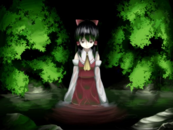 Anime picture 1024x768 with touhou hakurei reimu long hair black hair brown eyes japanese clothes wet clothes miko girl bow hair bow detached sleeves water hair tubes stone (stones) pond plants