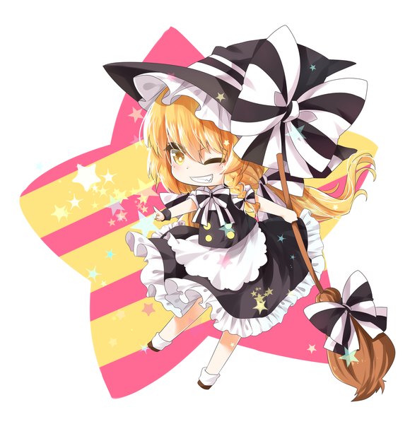 Anime picture 2000x2069 with touhou kirisame marisa transistor (poppy) single long hair tall image looking at viewer blush highres blonde hair smile white background yellow eyes one eye closed wink chibi girl skirt bow hat