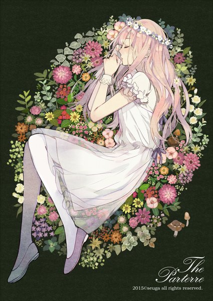 Anime picture 600x847 with original seuga single long hair tall image blush fringe pink hair full body bent knee (knees) lying eyes closed profile from above inscription arms up text on side sleeping english