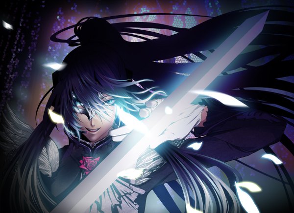 Anime picture 1200x873 with vocaloid kamui gakupo nayu single long hair open mouth blue eyes smile boy gloves weapon petals sword feather (feathers) mask neckerchief