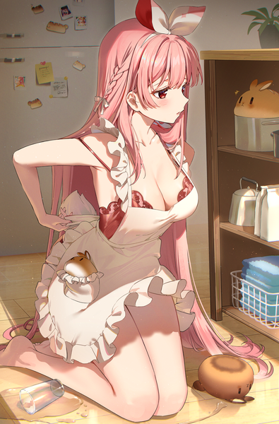 Anime picture 1920x2920 with virtual youtuber atelier live pinku (vtuber) rosuuri single long hair tall image blush fringe highres breasts light erotic red eyes large breasts looking away pink hair cleavage indoors tail blunt bangs