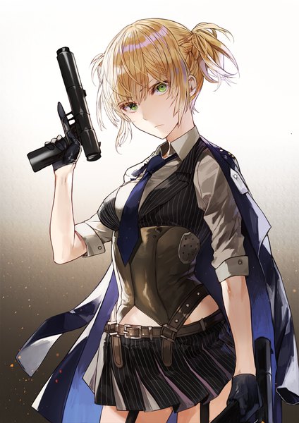 Anime picture 800x1132 with girls frontline welrod mk2 (girls frontline) kim eb single tall image looking at viewer fringe short hair blonde hair simple background hair between eyes twintails holding green eyes braid (braids) head tilt pleated skirt arm up gradient background short twintails