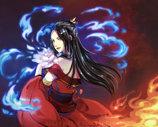 Anime picture 1280x1024 with avatar: the last airbender nickelodeon azula kelly1412 single long hair black hair bare shoulders green eyes traditional clothes lips realistic girl hair ornament flower (flowers) fire water lily