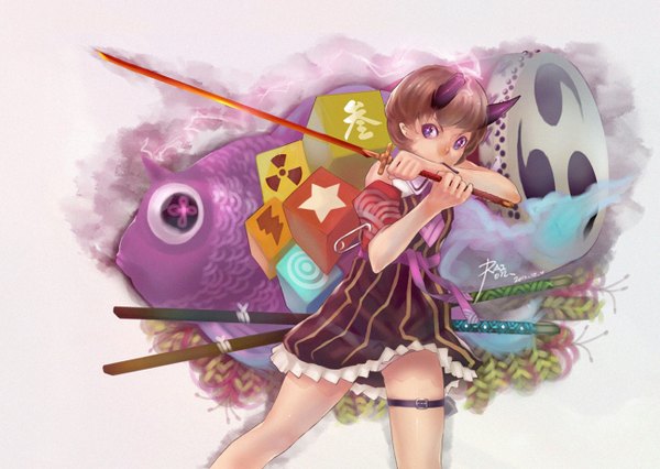 Anime picture 1299x924 with original raionart single short hair purple eyes horn (horns) legs dark hair girl dress weapon sword katana