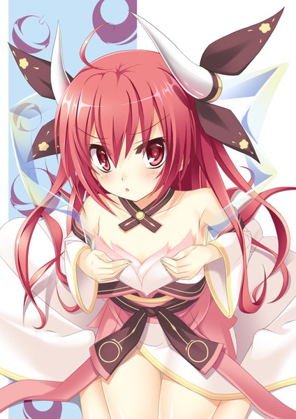 Anime picture 1273x1800 with date a live itsuka kotori oji (artist) single long hair tall image looking at viewer blush red eyes red hair horn (horns) girl dress