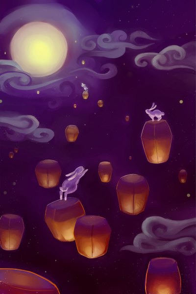 Anime picture 4002x6008 with chukairi tall image highres absurdres sky cloud (clouds) night night sky no people animal moon full moon lantern bunny