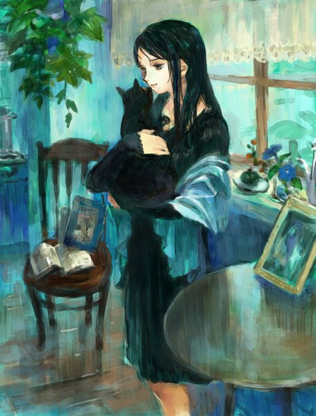 Anime picture 1005x1324 with original oyabin single long hair tall image black hair long sleeves black eyes girl dress flower (flowers) window book (books) cape chair picture
