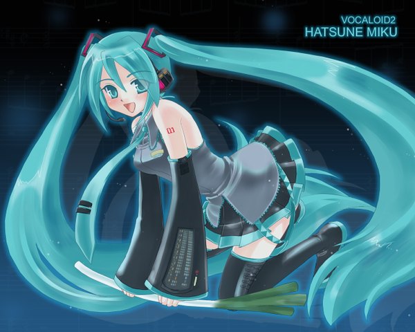 Anime picture 1280x1024 with vocaloid hatsune miku tagme (artist) single fringe open mouth hair between eyes twintails bare shoulders looking away very long hair :d aqua eyes aqua hair wallpaper character names on all fours girl detached sleeves miniskirt