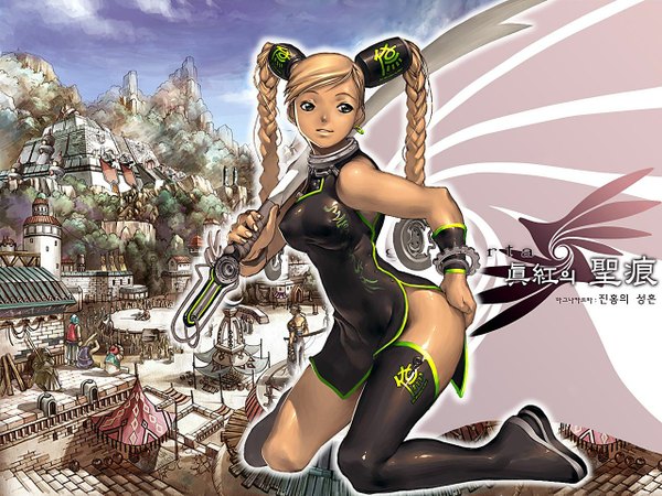 Anime picture 1280x960 with blade & soul kim hyung tae long hair blonde hair sky cloud (clouds) braid (braids) traditional clothes black eyes inscription twin braids city hieroglyph girl thighhighs weapon black thighhighs sword bracelet