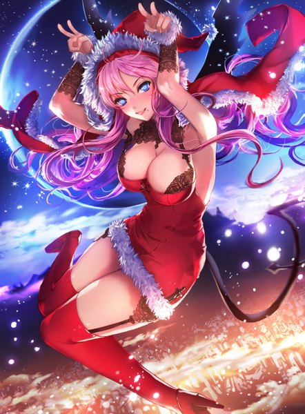 Anime picture 1107x1500 with original a-line single long hair tall image looking at viewer blush breasts blue eyes light erotic large breasts pink hair cleavage fur trim thighhighs dress hat fur santa claus hat