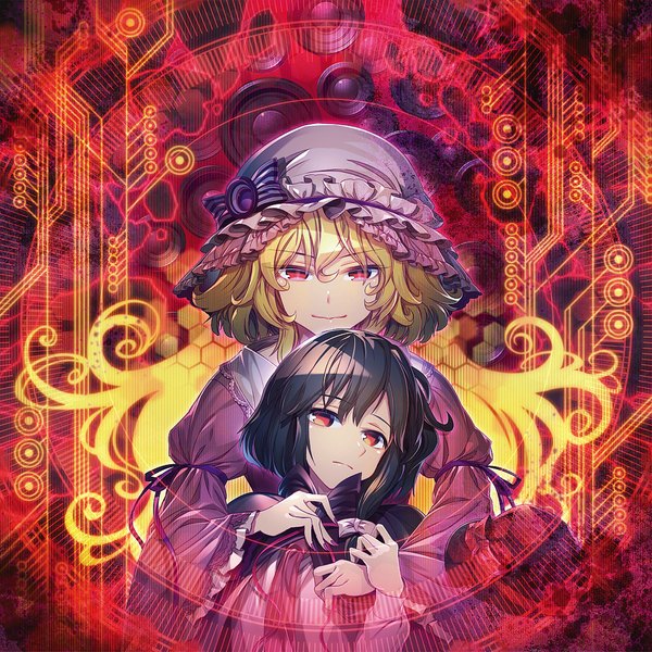 Anime picture 1000x1000 with touhou usami renko maribel hearn zounose looking at viewer fringe short hair black hair smile red eyes multiple girls wide sleeves hug hug from behind smirk girl bow ribbon (ribbons) 2 girls hair bow