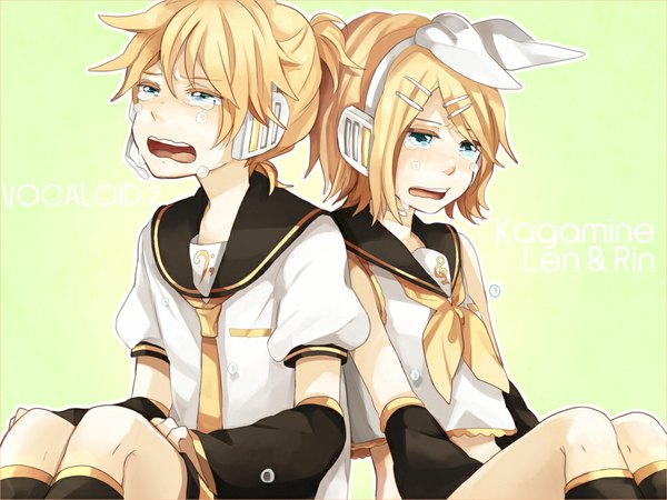Anime picture 1000x750 with vocaloid kagamine rin kagamine len tama (songe) short hair open mouth blue eyes blonde hair simple background sitting tears crying twins girl boy hair ornament bow hair bow detached sleeves hairclip
