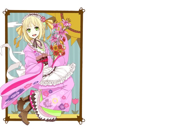 Anime picture 1280x960 with ao no exorcist a-1 pictures moriyama shiemi single short hair open mouth blonde hair white background green eyes traditional clothes framed girl flower (flowers)