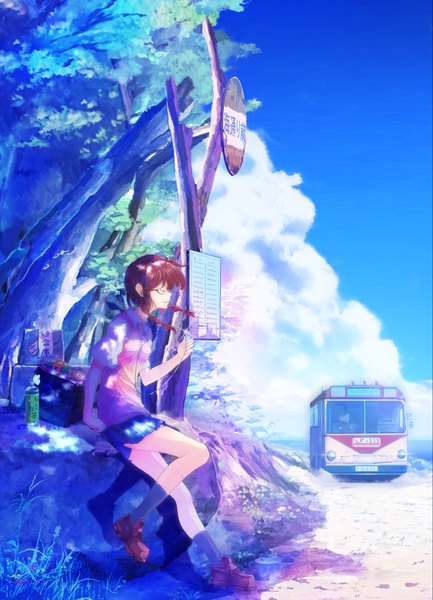 Anime picture 1616x2237 with original ipod inz (pixiv) single long hair tall image open mouth brown hair sky cloud (clouds) eyes closed pleated skirt landscape girl uniform plant (plants) school uniform tree (trees) socks glasses