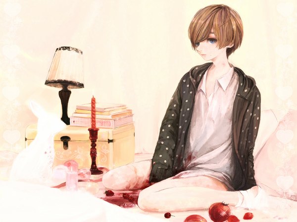 Anime picture 1067x800 with original atori (pixiv369356) single short hair blue eyes brown hair mole boy animal shirt food book (books) fruit berry (berries) lamp bunny candle (candles) strawberry suitcase