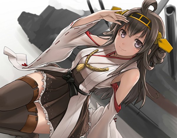 Anime-Bild 1049x825 mit kantai collection kongou battleship tea (nakenashi) single long hair looking at viewer brown hair bare shoulders brown eyes ahoge nontraditional miko girl thighhighs hair ornament weapon detached sleeves