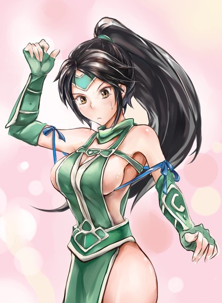 Anime picture 1105x1510 with league of legends akali (league of legends) lancer0519 single long hair tall image breasts light erotic black hair large breasts standing brown eyes ponytail no bra no panties girl armor vambraces ninja