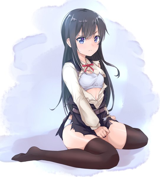 Anime picture 1000x1106 with kantai collection asashio destroyer kanabun single long hair tall image looking at viewer fringe blue eyes light erotic black hair simple background sitting full body bent knee (knees) no shoes shiny skin torn clothes wariza remodel (kantai collection)