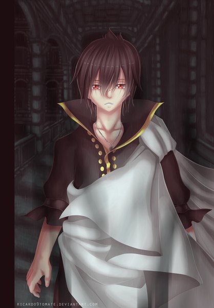 Anime picture 2000x2870 with fairy tail zeref ric9duran single tall image fringe highres short hair black hair red eyes coloring boy pendant cloak