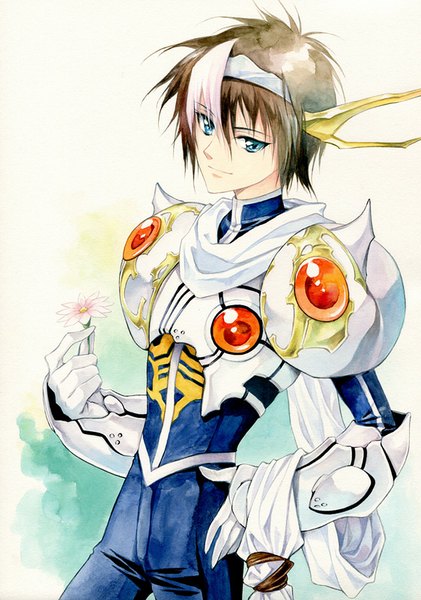 Anime picture 562x800 with langrisser langrisser iv ricky (langrisser) agahari single tall image looking at viewer short hair blue eyes smile brown hair multicolored hair two-tone hair streaked hair hand on hip traditional media watercolor (medium) boy hair ornament flower (flowers)