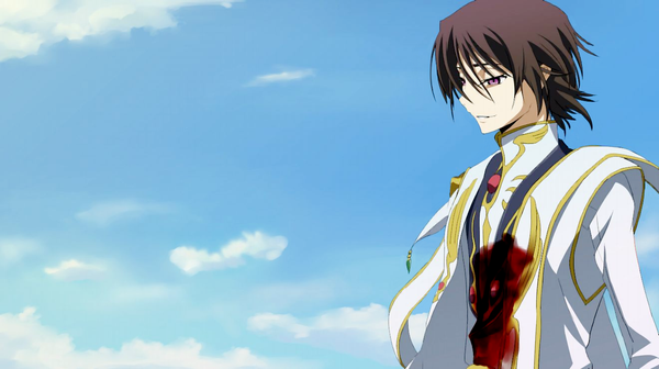 Anime picture 1320x741 with code geass sunrise (studio) lelouch lamperouge single smile brown hair wide image purple eyes sky cloud (clouds) light smile boy blood suit