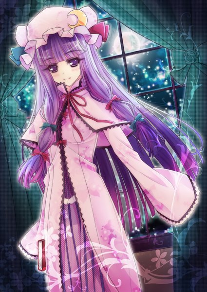 Anime picture 1040x1468 with touhou patchouli knowledge bondson (artist) single long hair tall image smile purple eyes purple hair night girl bow ribbon (ribbons) hair bow hair ribbon book (books) moon bonnet full moon