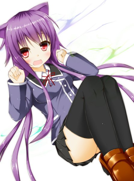 Anime picture 760x1024 with kamisama no inai nichiyoubi dee ensy stratmitos peeyu single long hair tall image looking at viewer blush open mouth red eyes animal ears purple hair cat ears girl thighhighs skirt uniform black thighhighs school uniform shoes