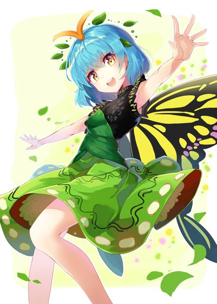 Anime picture 2591x3624 with touhou eternity larva rin falcon single tall image looking at viewer fringe highres short hair open mouth smile hair between eyes standing yellow eyes blue hair head tilt :d from below sleeveless looking down