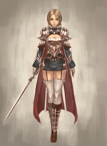 Anime picture 1158x1580 with original yazuwo single tall image looking at viewer short hair simple background brown hair green eyes girl thighhighs weapon white thighhighs sword armor garter straps cloak knee boots spaulder (spaulders)